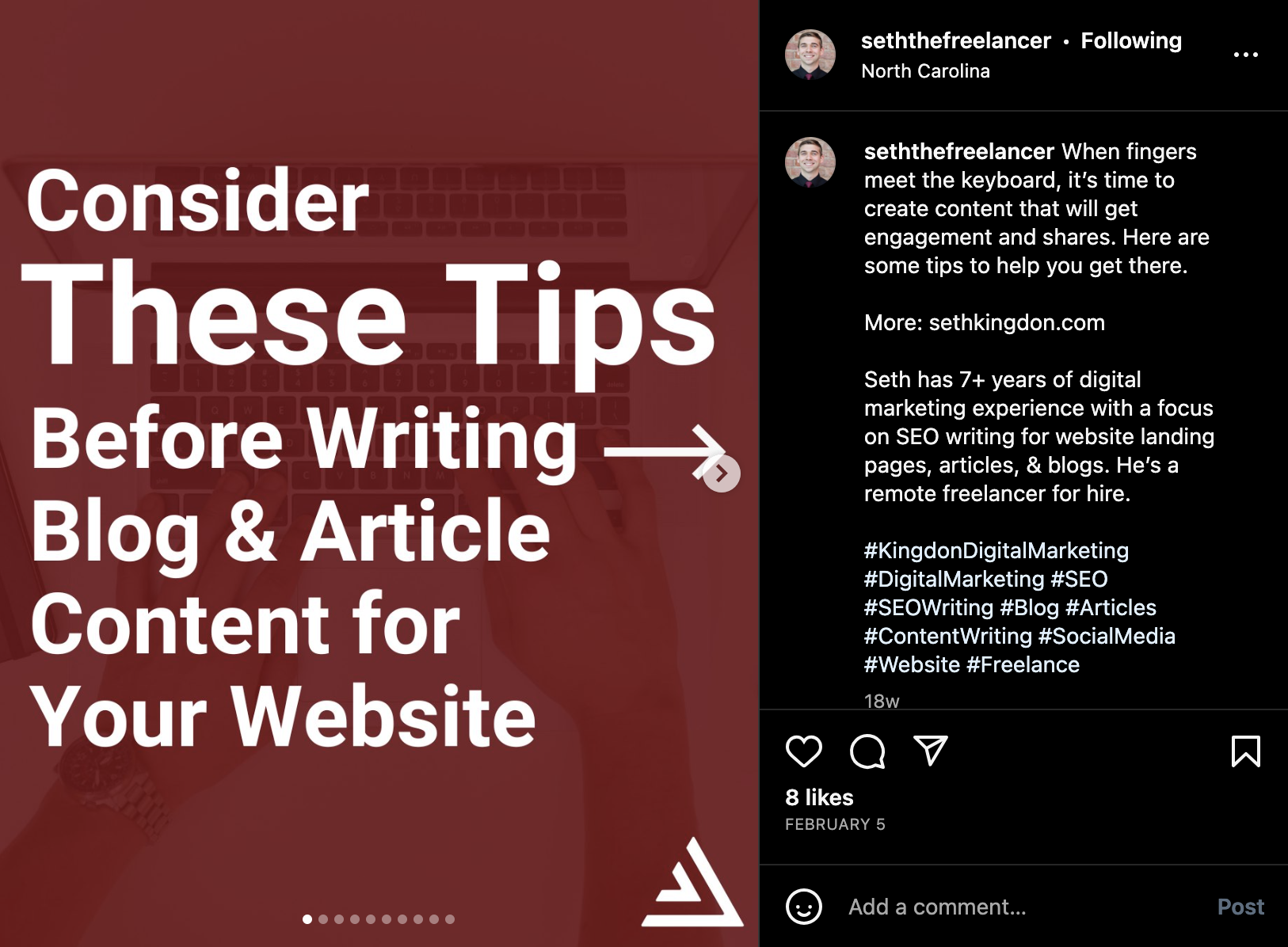 Instagram post telling you what to consider before starting a blog or writing an article