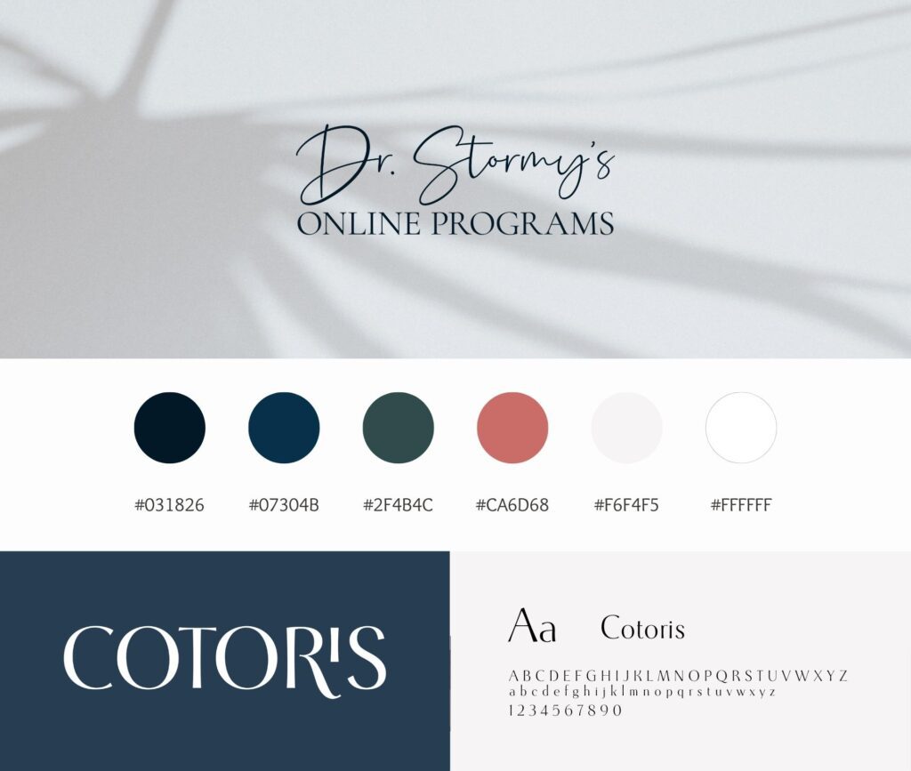 Color palette and font chosen for a sales page design that converts. Includes warm and earthy tones and the Cotoris font.