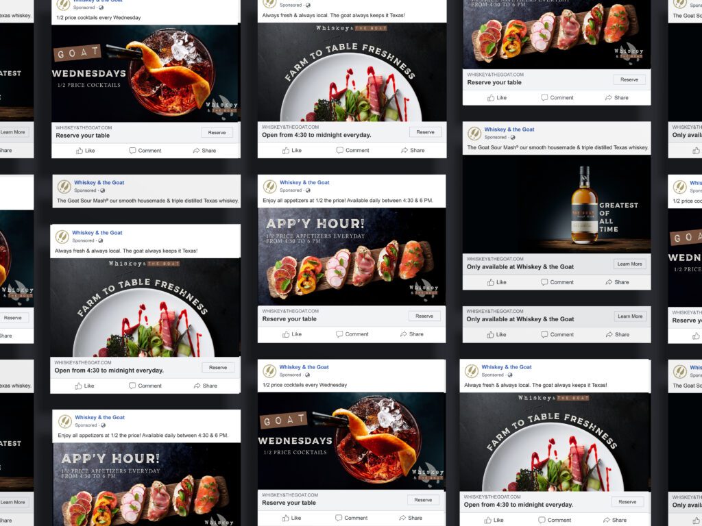 Assortment of Whiskey & the Goat's restaurant branding ads, highlighting weekly specials and the signature whiskey cocktail.