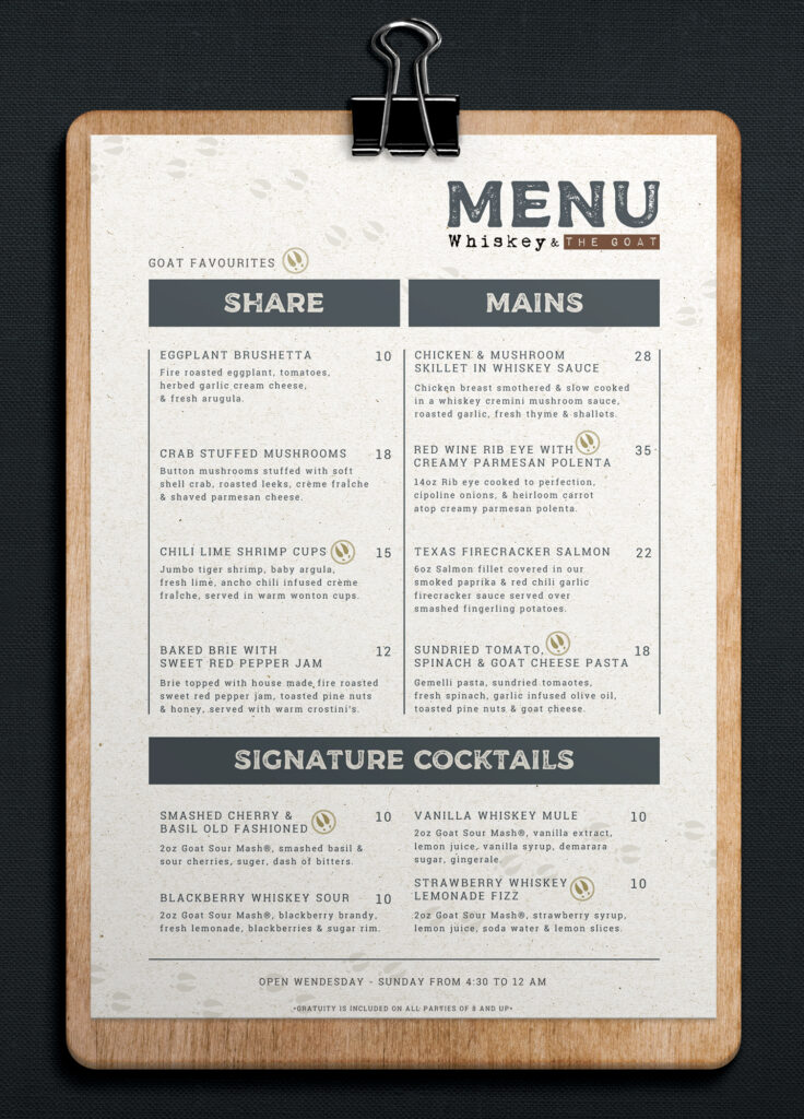 The menu of Whiskey & the Goat, exemplifying restaurant branding with a selection of dishes and cocktails on a wooden clipboard.