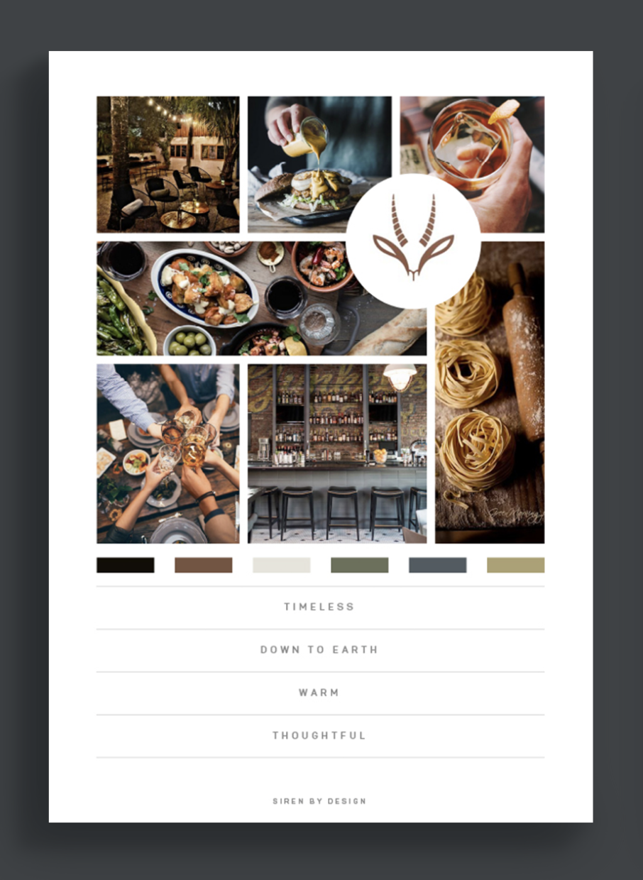 Mood board for restaurant branding, featuring cozy dining, gourmet dishes, and a stylish bar, paired with a neutral color palette.