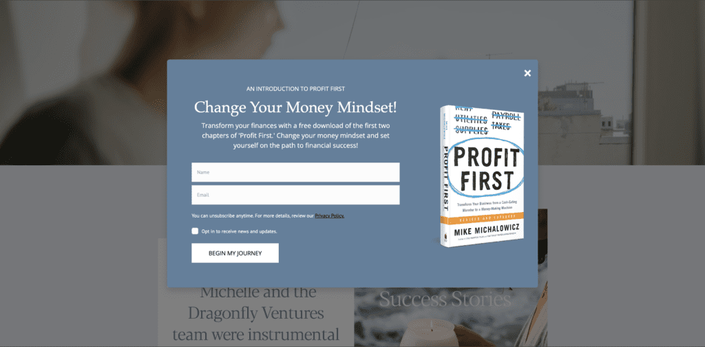 A pop-up window on a user-friendly website design offering a free download of the first two chapters of 'Profit First' with a sign-up form.